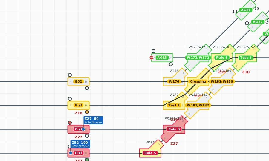 Blockplan einer N-Anlage in stellwrk mit reservierten und belegten Blöcken und fahrenden Zügen